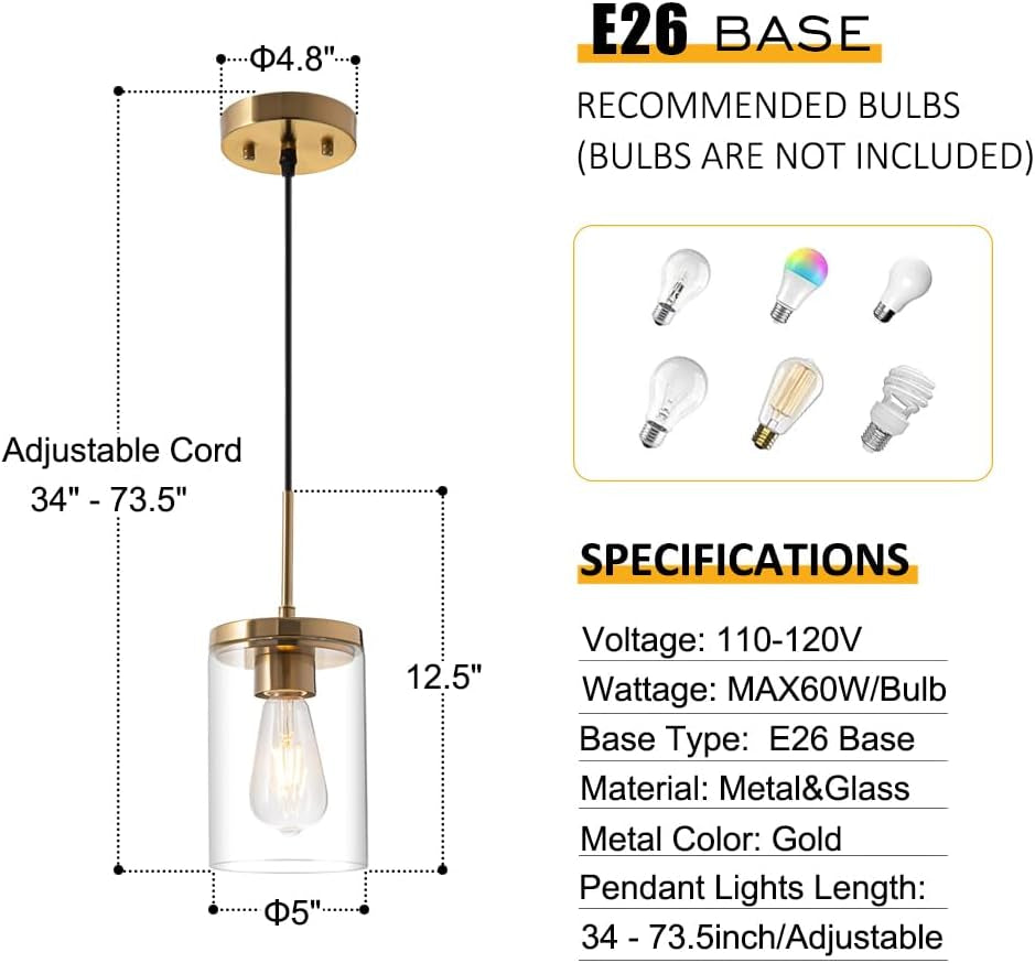 Gold Pendant Light Fixtures,5 Inch Globe Pendant Lights Kitchen Island with Clear Glass,Hanging Lights for Kitchen Island, Dining Room, Bedroom, Hallway, Farmhouse - 2 Pack