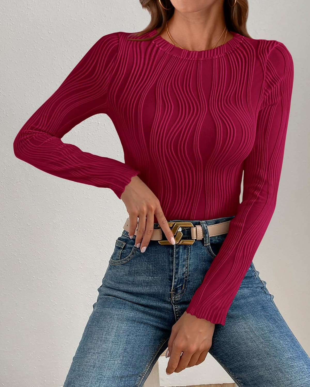 Women'S Tops 2025 Spring Fashion Long Sleeve Crewneck Blouses Slim Fit Shirts Textured Knit Basic T Shirts