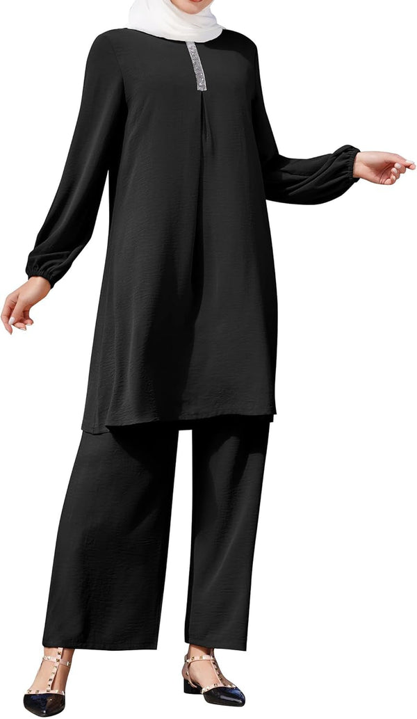 Prayer Clothes for Muslim Women 2 Piece plus Size Sequin Tops Wide Leg Pants Islamic Abayas for Women Dubai Outfits