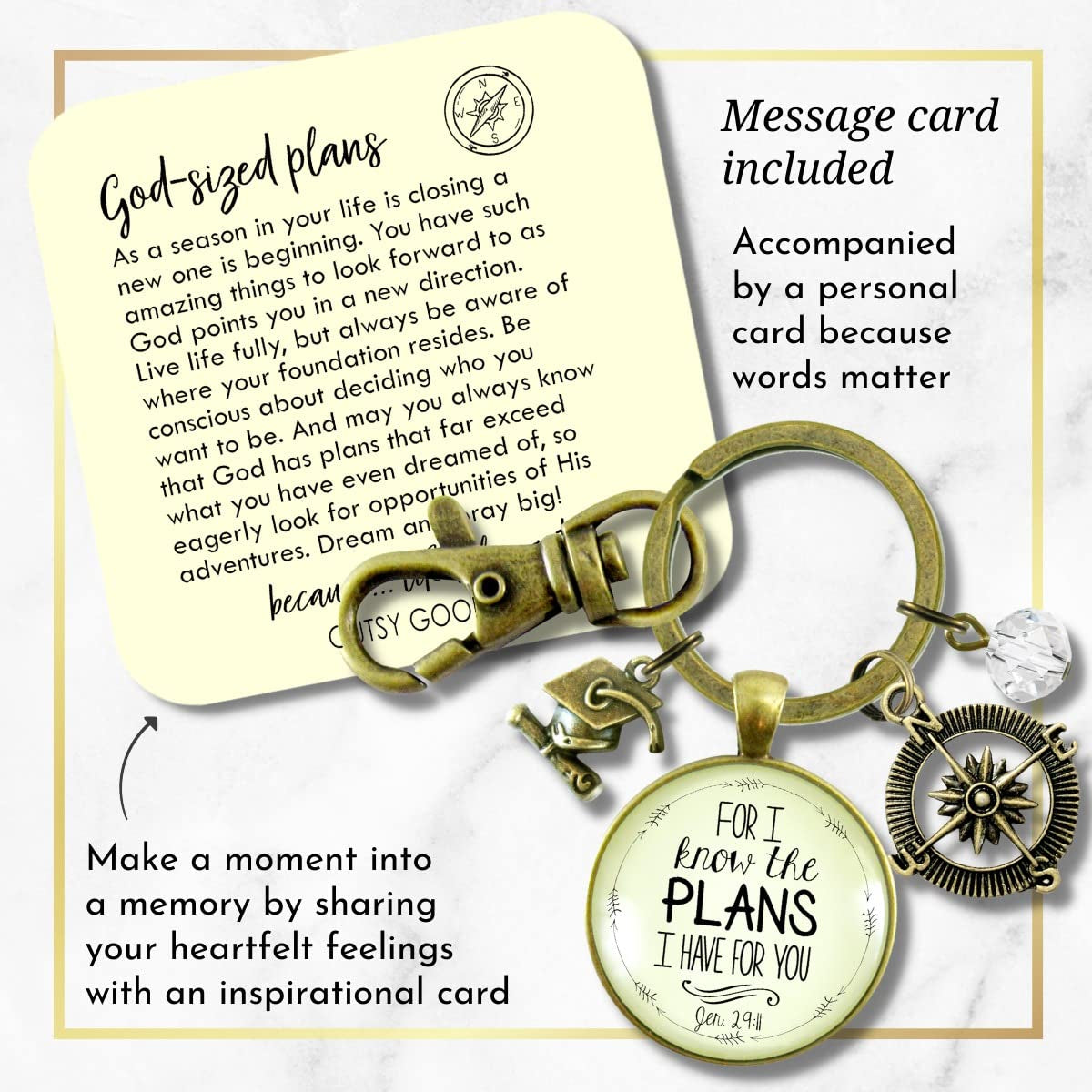 Graduate for I Know Plans Womens Keychain Boho Bronze Faith Jewelry Gift Key Ring - Handmade Pendant Religious Verse Jeremiah 2911 Graduation Tassel Cap Charm & Bead, Ready to Gift Message Card & Box