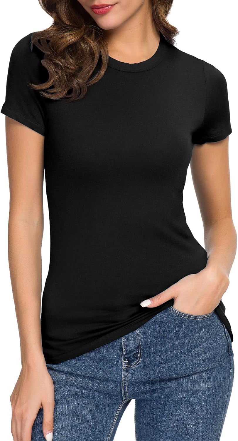 Women'S Crewneck Slim Fitted Short Sleeve T-Shirt Stretchy Bodycon Basic Tee Tops