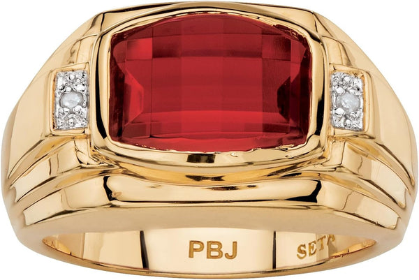 Men'S 18K Yellow Gold Plated Emerald Cut Created Red Ruby and Diamond Accent Ring