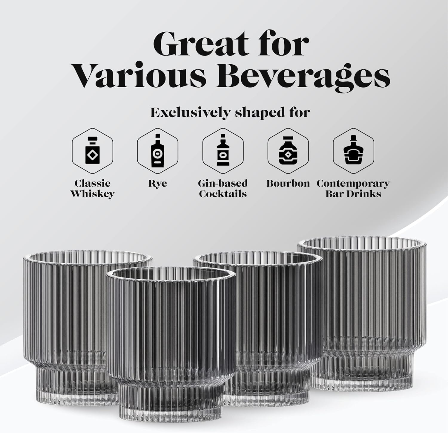 Ribbed Lowball Glass Cup for Whiskey (Smoke Grey)
