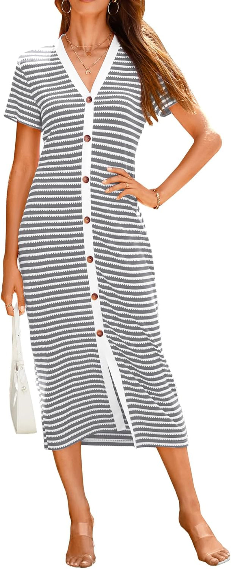 Women Casual Summer Dresses Short Sleeve Striped Midi Dresses Decorative Button Ribbed Knit Dresses Party Dresses