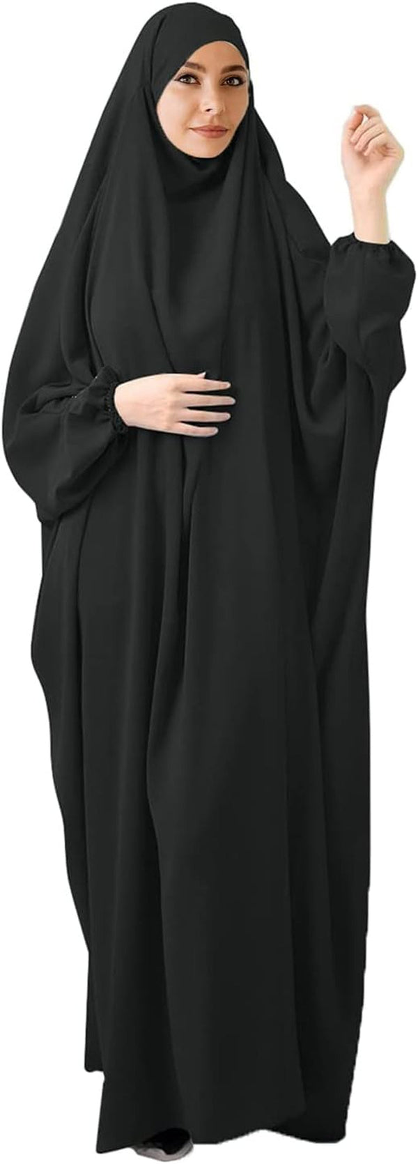 Womens One-Piece Solid Abaya Muslim Prayer Dress Islamic Maxi Kaftan with Hijab Dubai Full Length Dress