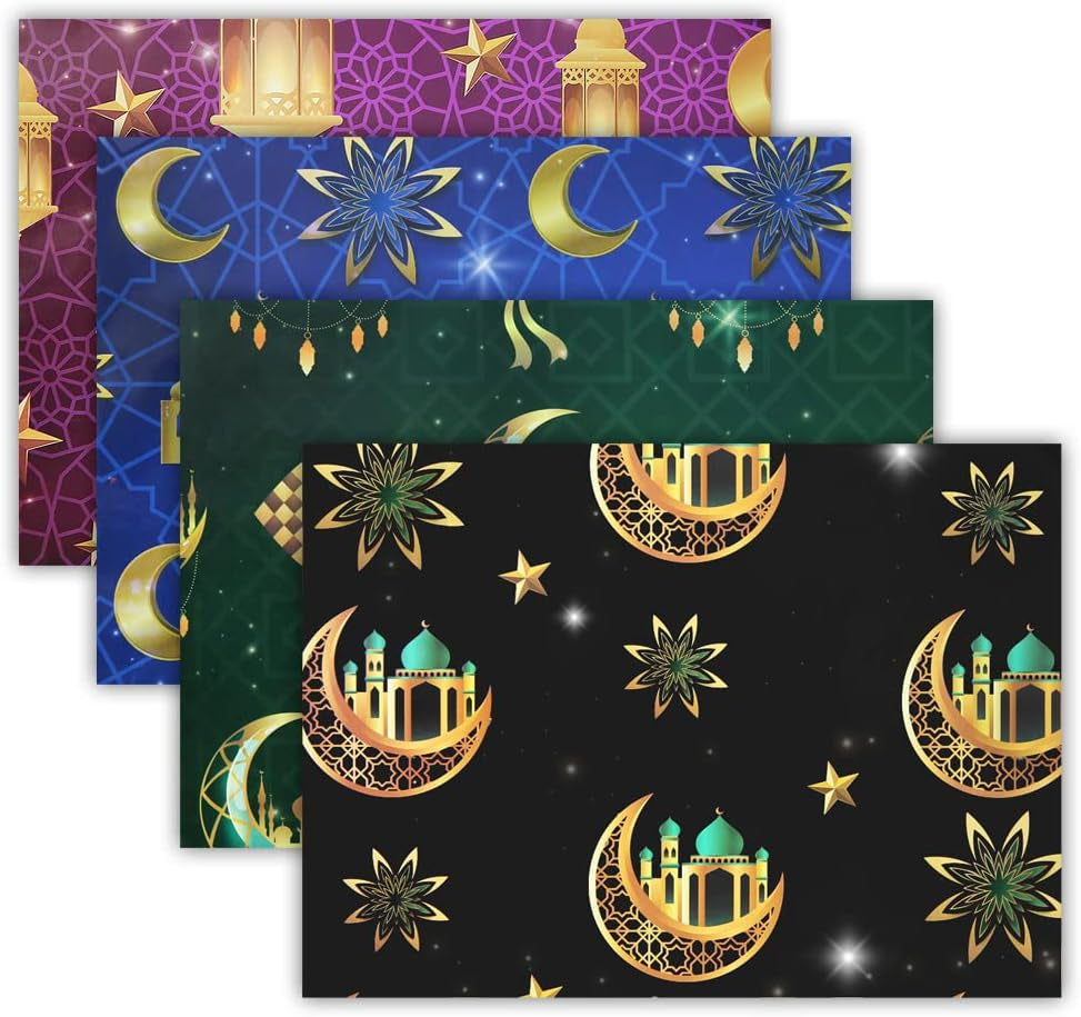 8 Pieces Eid Gift Wrapping Paper Ramadan Wrapping Paper, Moon Mosque Eid Mubarak Gift Wra in 4 Designs for Islam Kids Women Men Holiday Birthday Baby Shower Celebration Party Gift Wrap DIY Craft