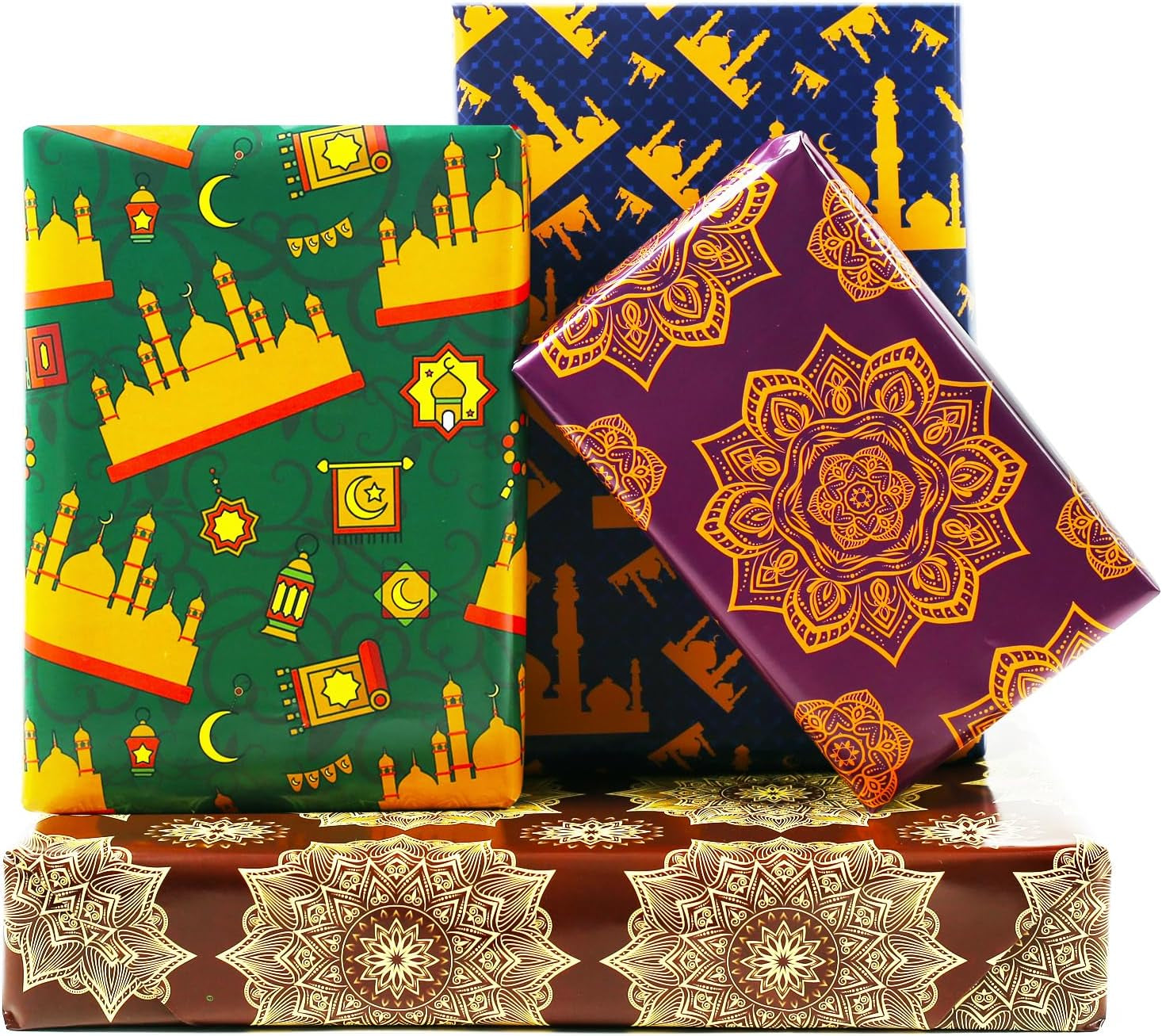 8 Sheets Eid Gift Wrapping Paper, 4 Designs Ramadan Wrapping Paper, Moon Mosque Eid Mubarak Folded Flat 20X28 Inches Gift Wrap for Kids Islam Ramadan Holiday Party Celebration Decorations