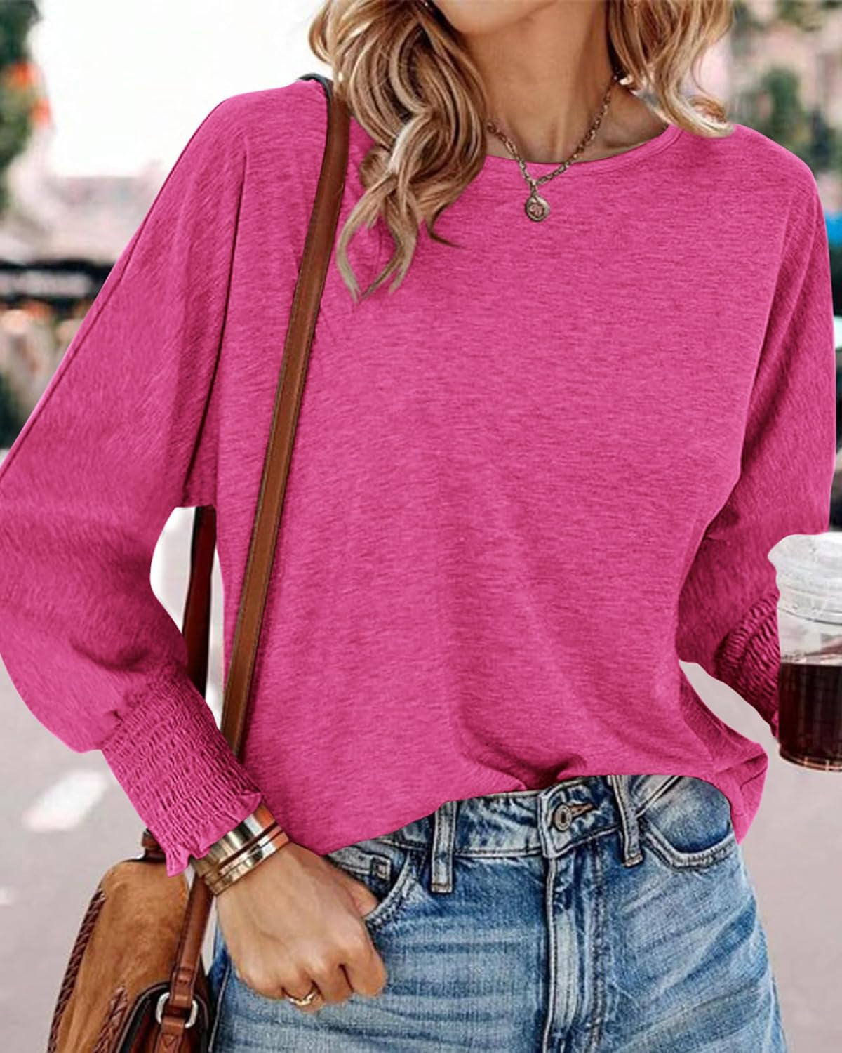 Womens Long Sleeve Tops Fall Outfits 2024 Dressy Casual Crew Neck Tee Shirts Smocked Loose Top Tunic Blouse