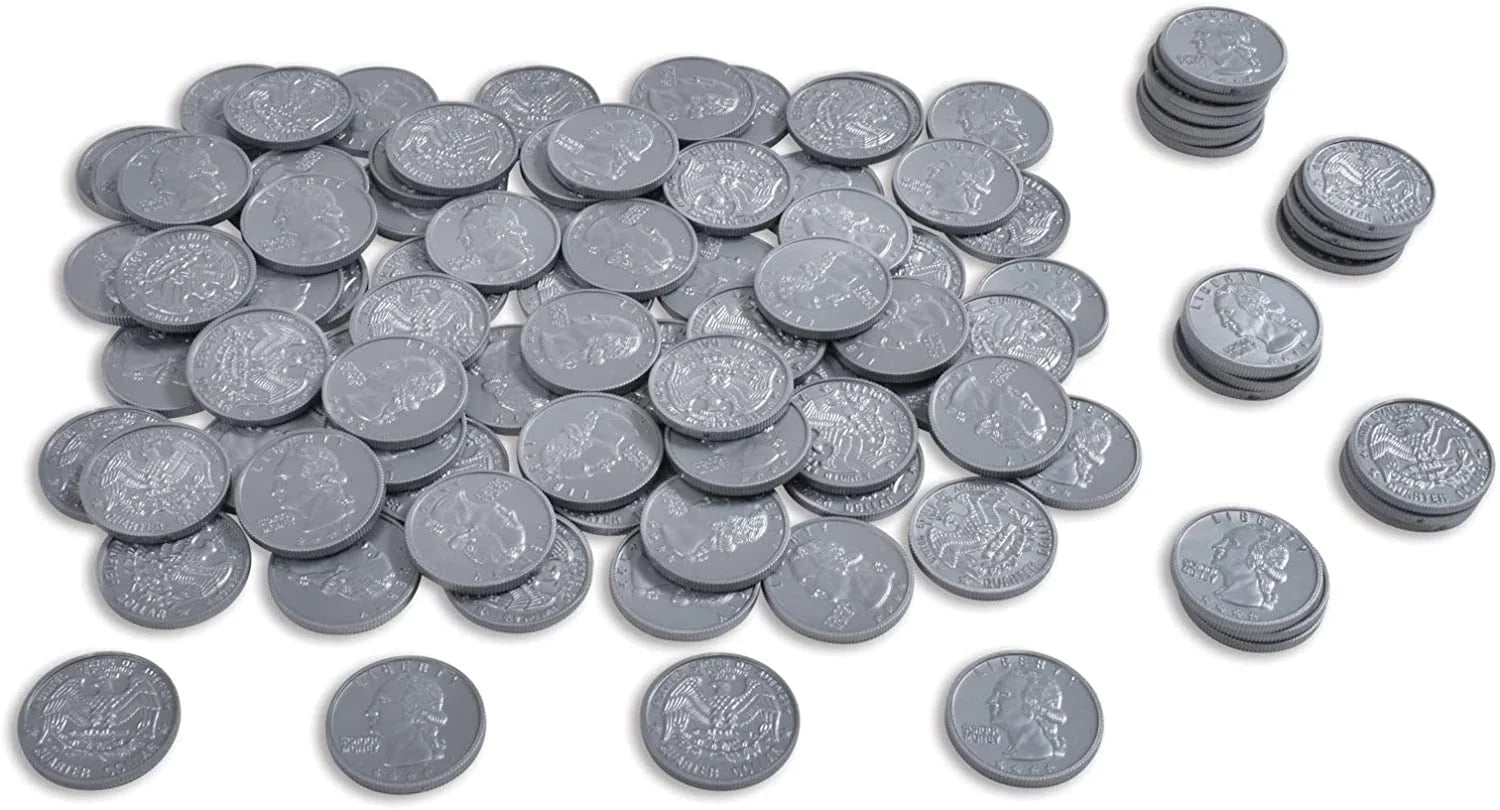 Play Quarters - Set of 100 Plastic Coins - Designed and Sized like Real US Currency - Teach Money Math with This Pretend Play Resource Master Coins