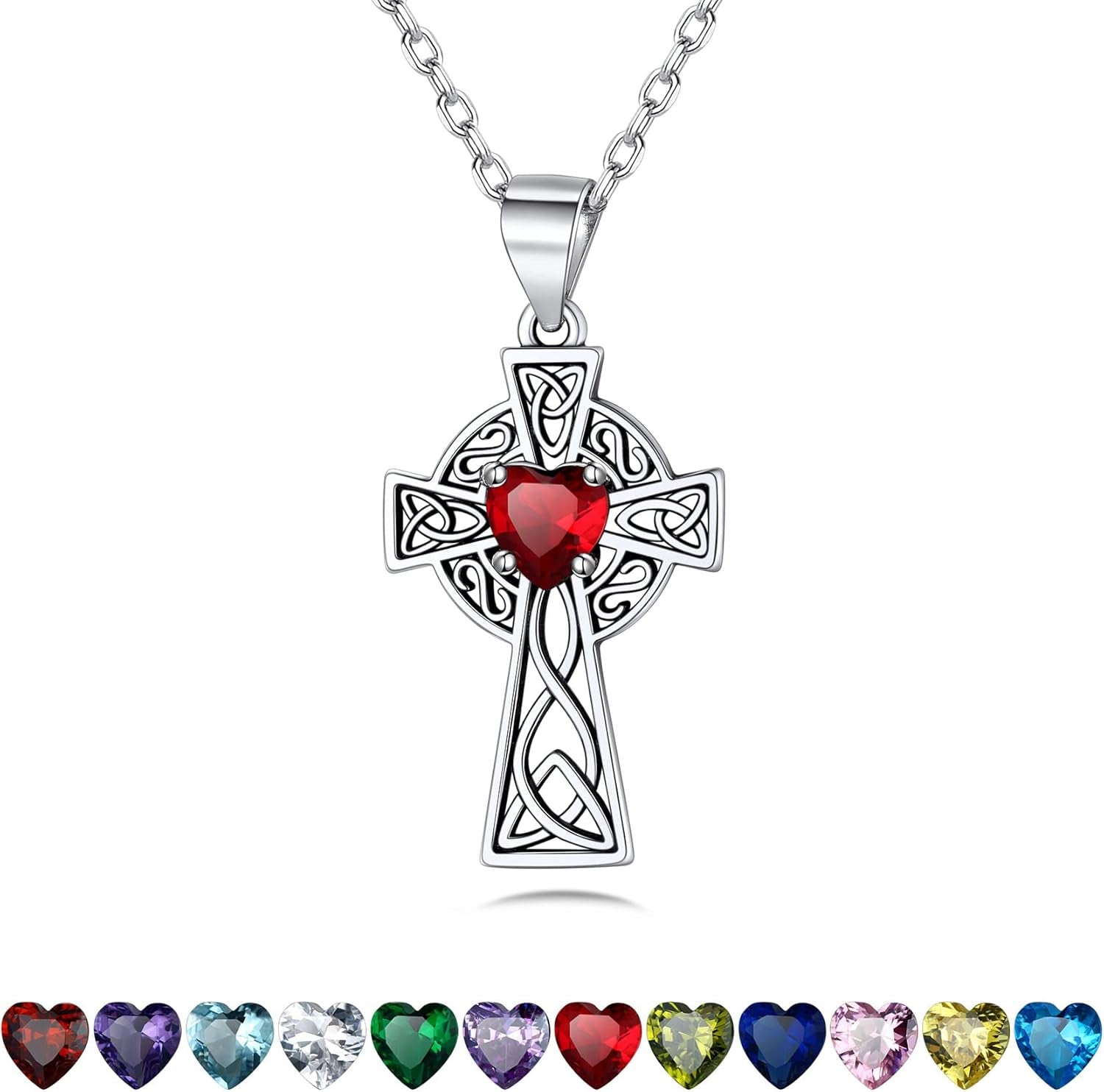 Silver Celtic Cross Necklace with 12 Month Heart Birthstone, Dainty Celtic Birthstone Necklace Silver Chain for Women Faith Irish Amulet Lucky Birthstone Jewelry