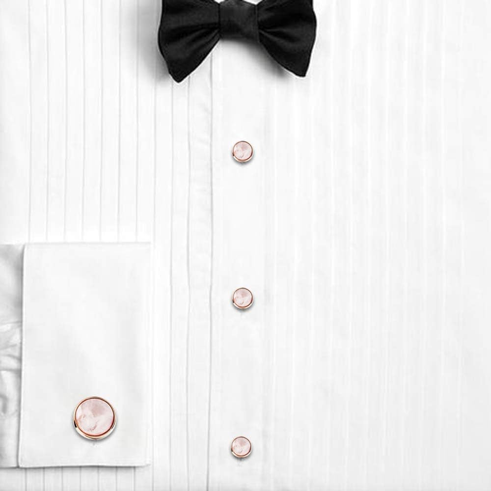 Cufflinks and Tuxedo Studs Set for Men with Gift Box, Rose Gold Tone Mother-Of-Pearl Cuff Links for French Cuff Shirt and Dress Shirt, Suitable for Wedding, Birthday, Party, Anniversary