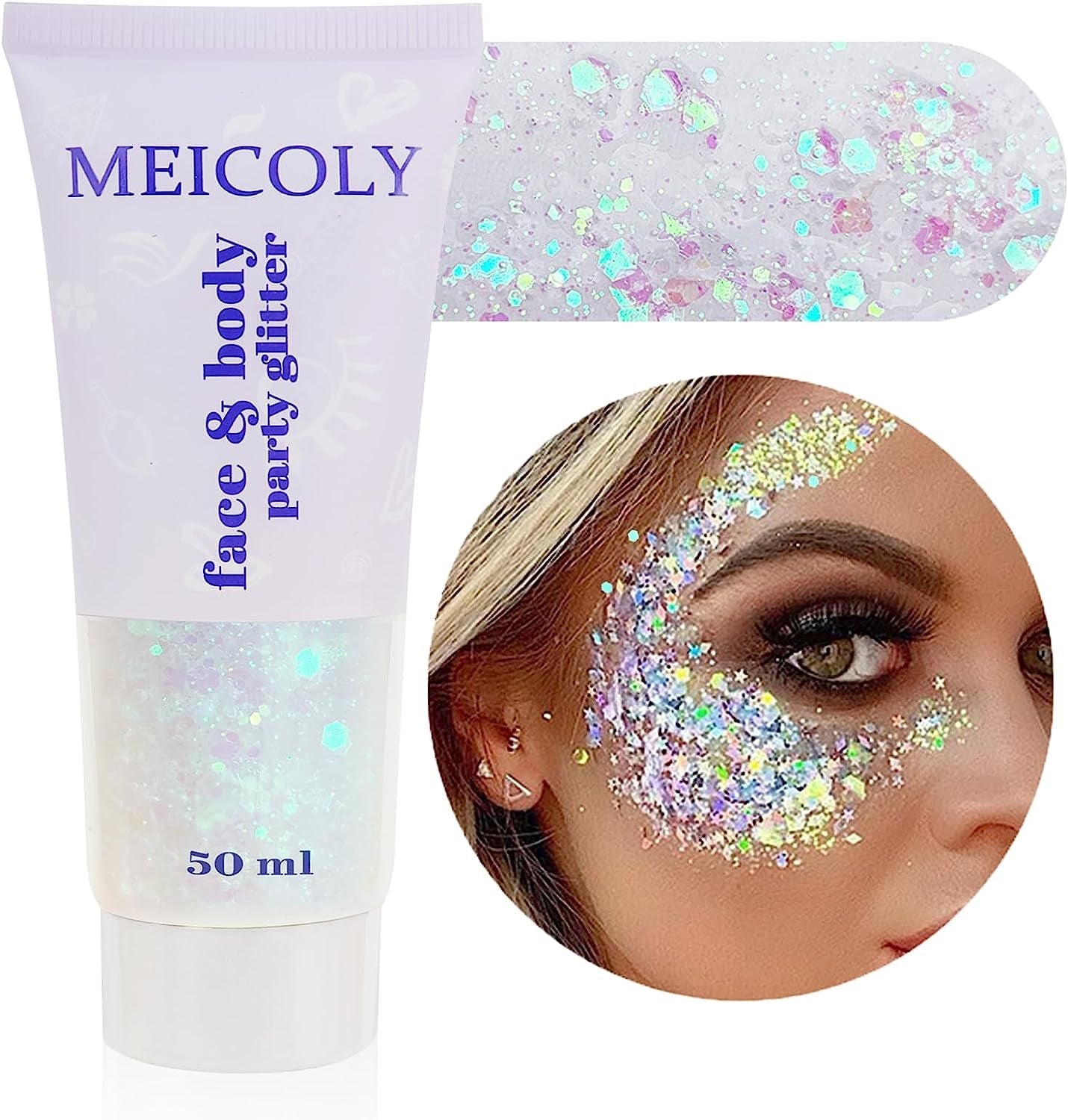 Clear White Body Glitter Gel,Mardi Gras Face Glitter Makeup for Kids Women Girls,Sparkly Chunky Hair Glitter,Singer Concerts Festival Rave Accessories,Mermaid Glitter Face Paint