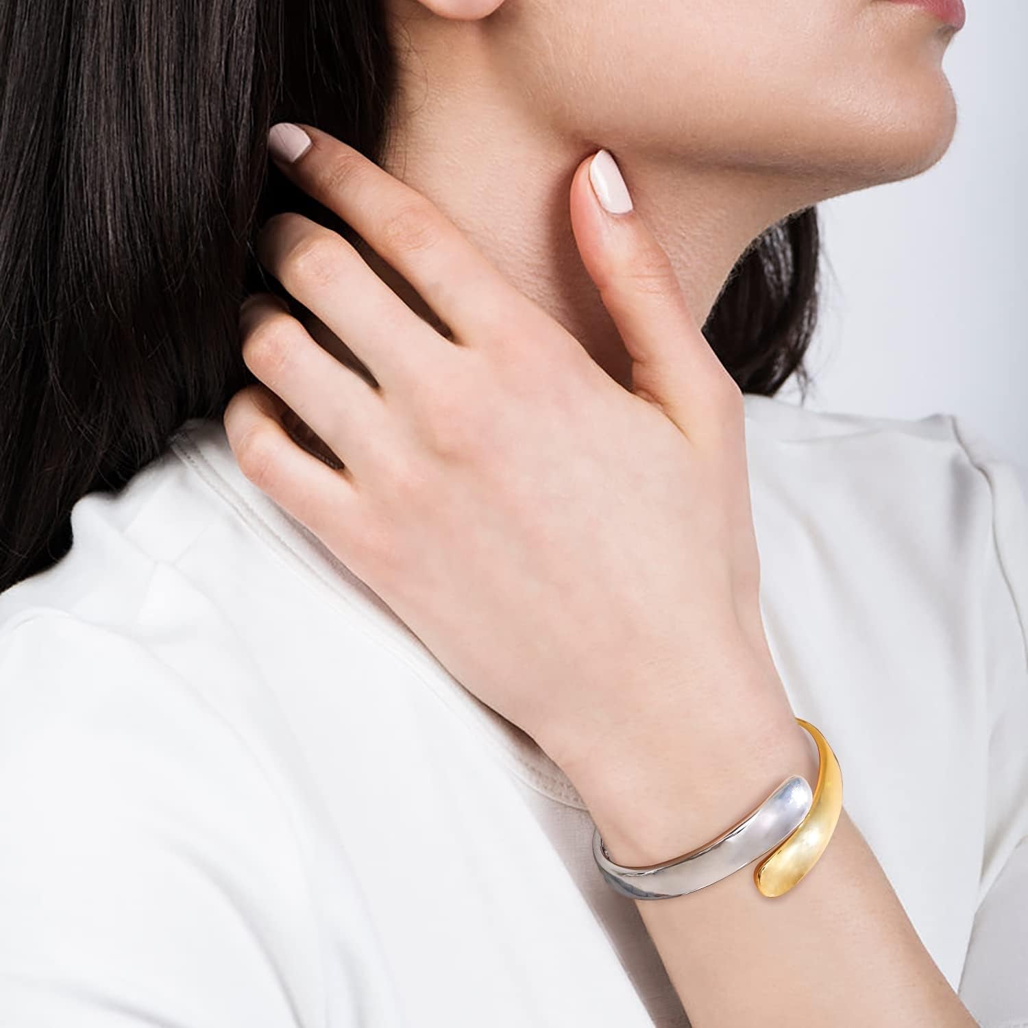 Two-Tone Cuff Bracelet for Women Dainty Teardrop Open Bangle Gold Plated Adjustable Cuff Bracelet