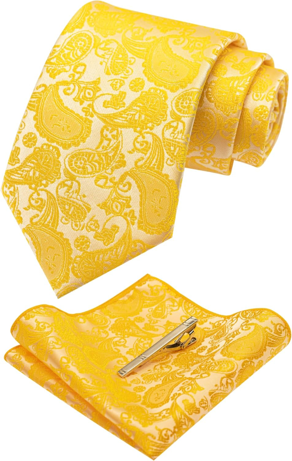 Mens Solid Color Paisley Necktie and Pocket Square with Tie Clip Sets