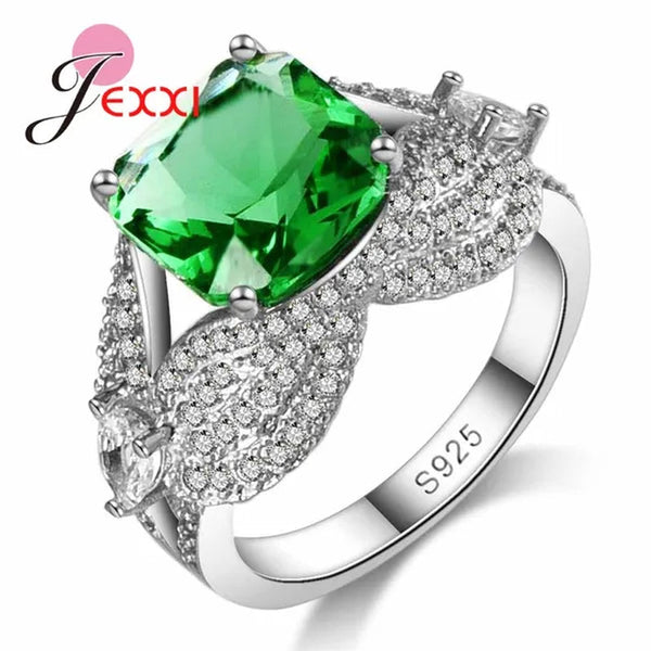 New Arrival Square Green Crystal Wedding Engagement Ring with Clear Cubic Zirconia Women 925 Sterling Silver Party Rings