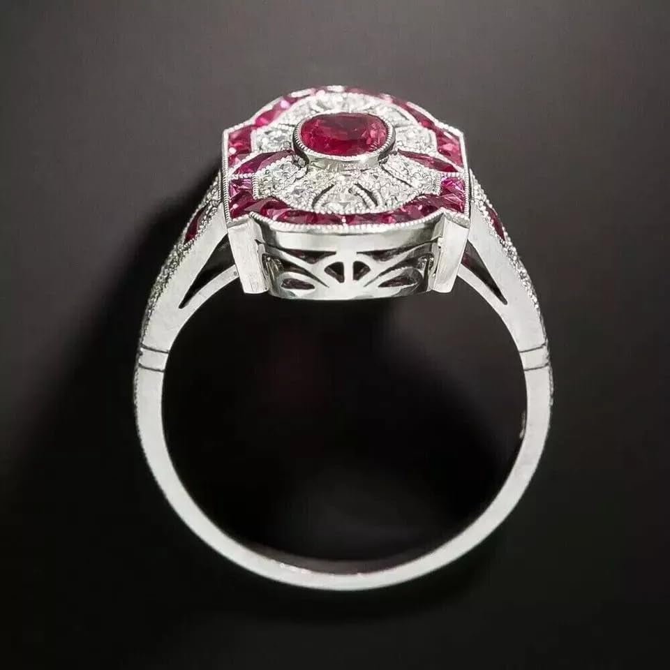 Art Deco Vintage Oval Cut Ruby & Lab Created Diamond 925 Silver Engagement Ring