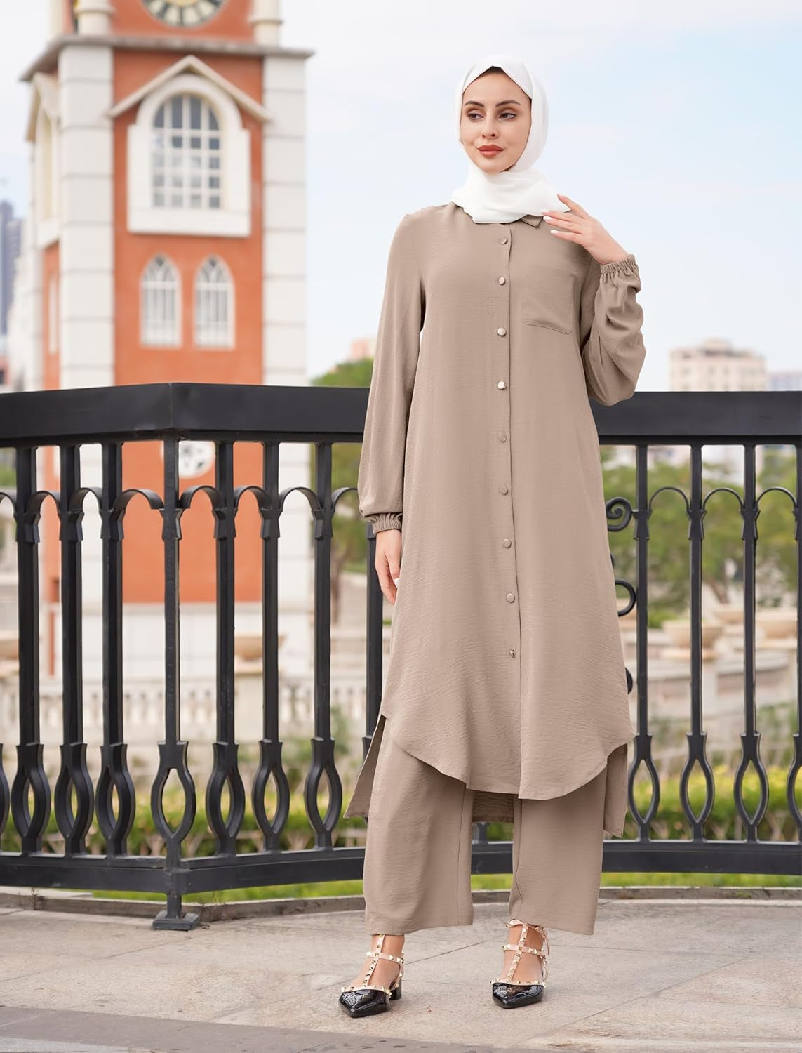Women'S Muslim 2 Pieces Sets Long Sleeve Button down Shirt and Pants Abaya Casual Dress Dubai Outfits