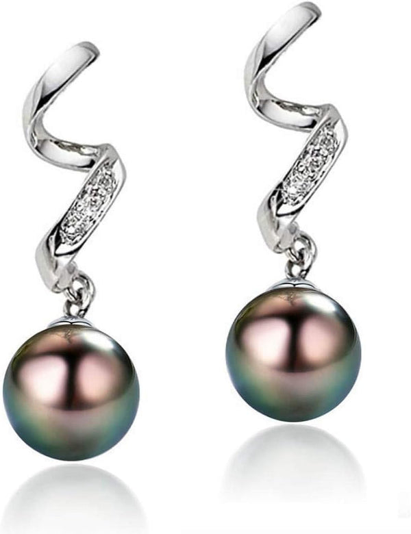 Elegant AAA Quality Genuine 8.5-9.5Mm Tahitian Black Pearl Dangle Drop Earrings - Birthday Anniversary Jewelry Gifts for Women