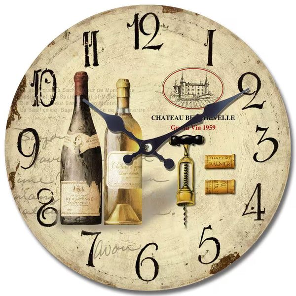 14 In. Circular Wooden Wall Clock with 2-Bottles of Wine Print