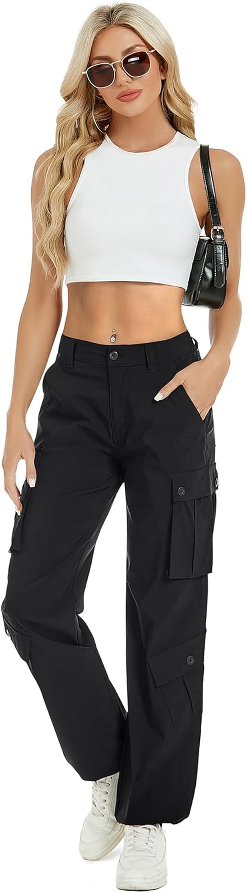 Women Pants High Waisted Cargo Pants Combat Military Wide Leg Casual Trousers 8 Pockets