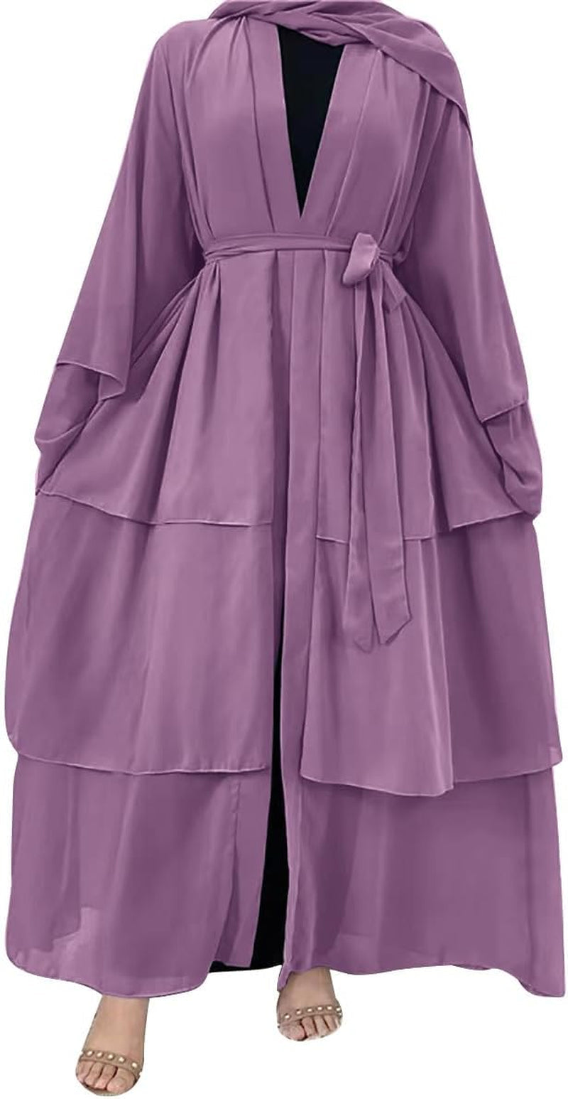 Muslim Chiffon Abaya for Women Open Front Cardigan Modest Dress with Hijab Scarf Middle East Arabian Robe Islamic Long Dress