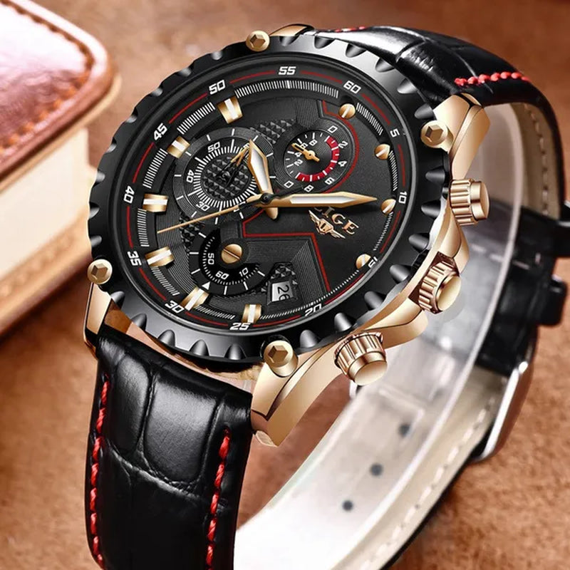 LIGE Mens Watches Top Brand Luxury Quartz Gold Watch Men Casual Leather Military Waterproof Sport Wrist Watch Male Fashion Clock