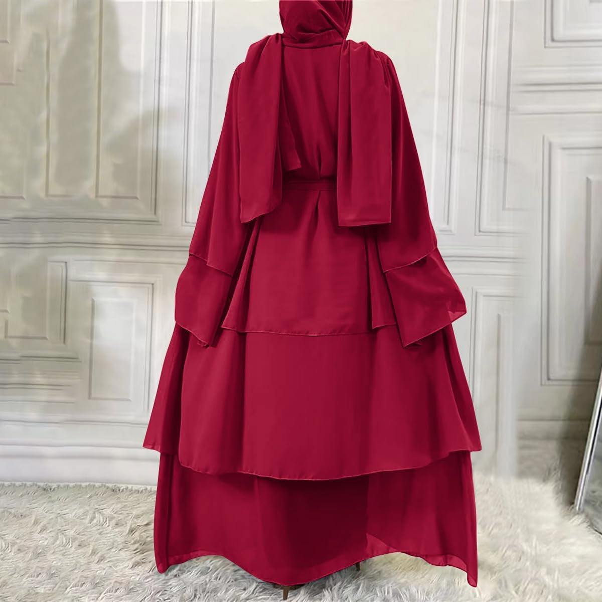 Muslim Chiffon Abaya for Women Open Front Cardigan Modest Dress with Hijab Scarf Middle East Arabian Robe Islamic Long Dress