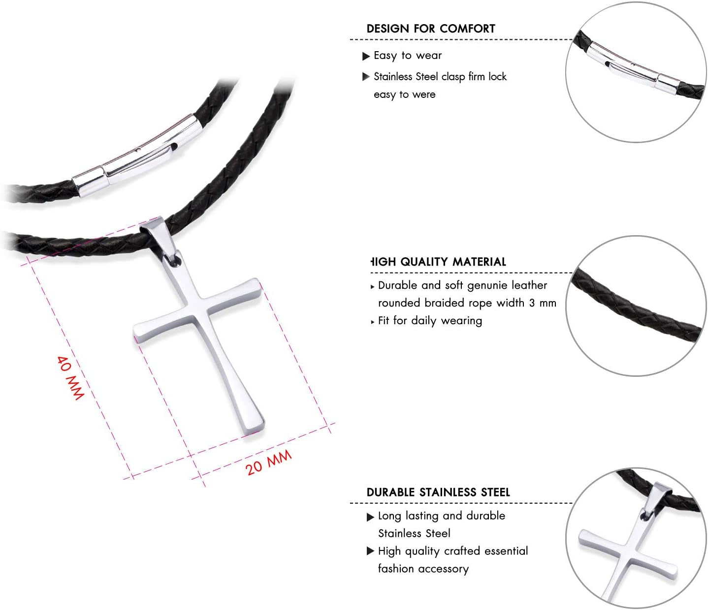 Stainless Steel Cross Braided Rope Cord Necklace for Men Women 18-24'' Inches