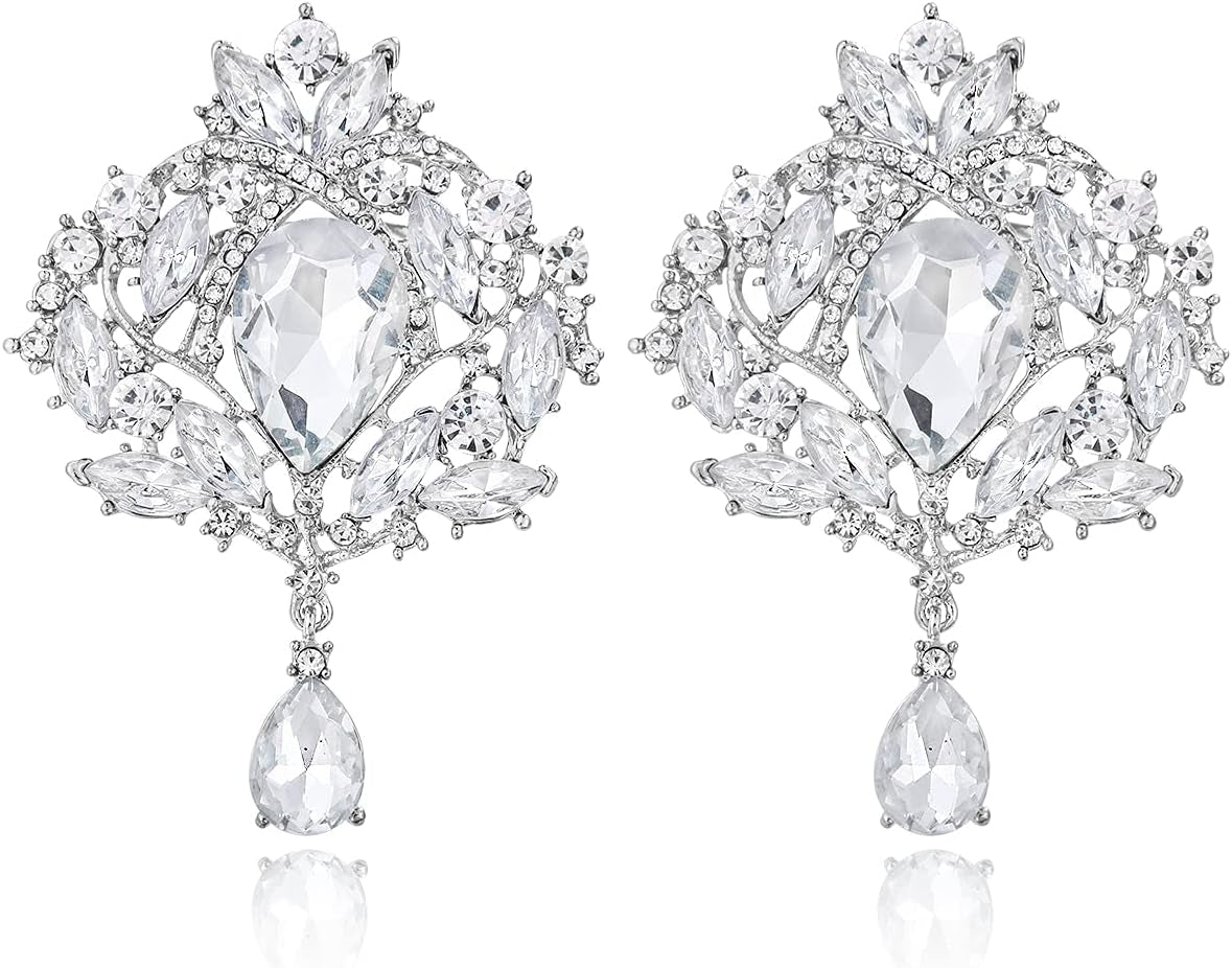 2 Pieces Crystal Rhinestone Marquise Pear-Shaped Teardrop Flower Brooch Pin Set for Women