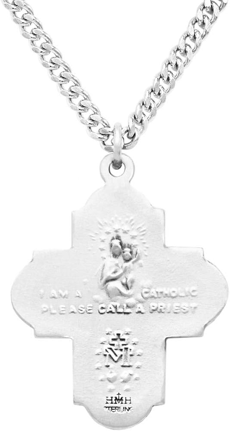 Rosemarie'S Religious Gifts Sterling Silver Traditional Catholic Four Way Cross Medal Pendant Necklace, 24"