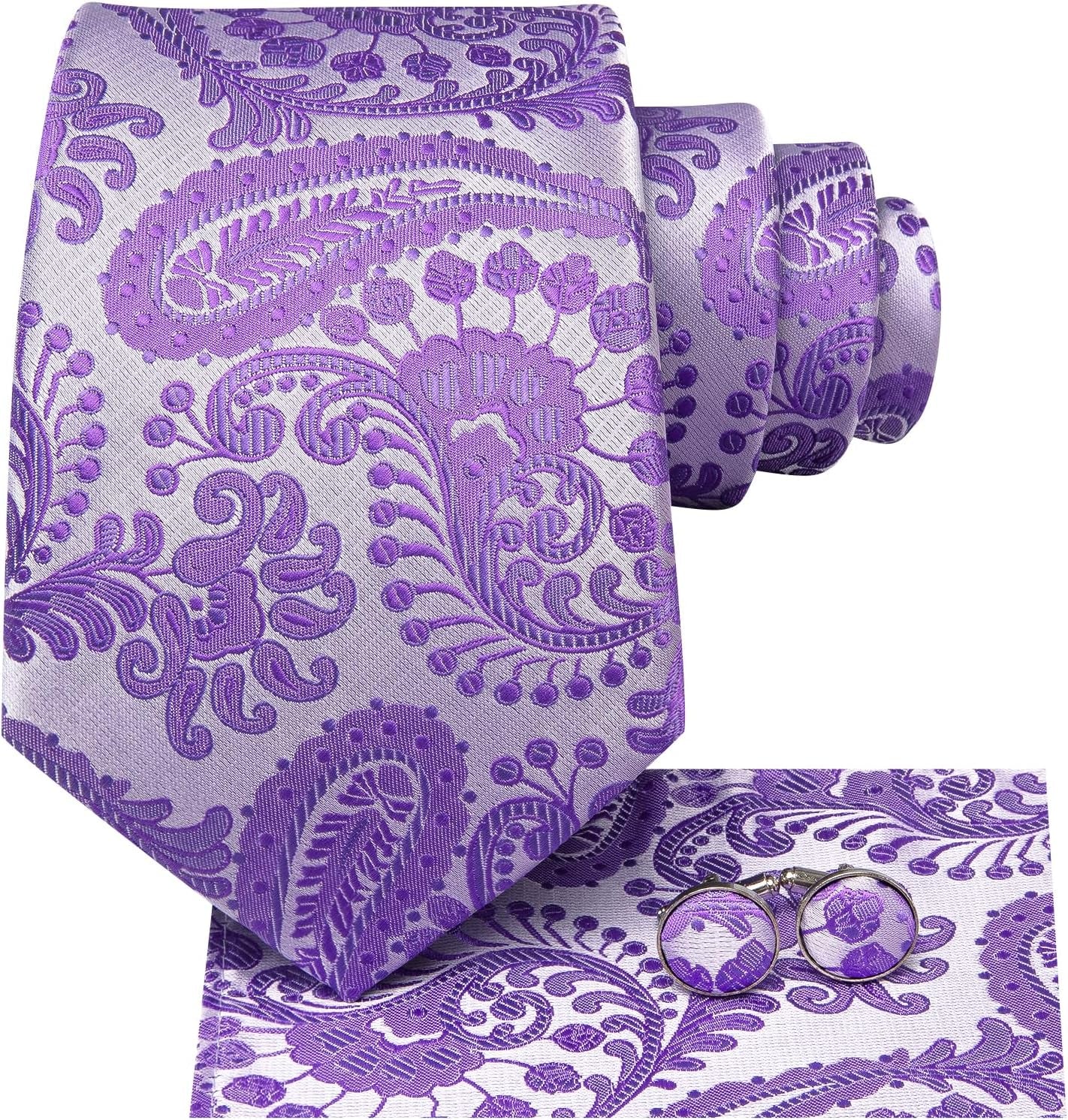 Mens Paisley Floral Silk Tie for Men Striped Necktie and Pocket Square Cufflinks Set Wedding Business