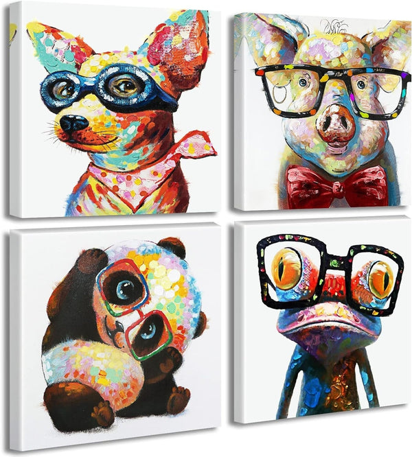 Colorful Cartoon Animal Wall Art Canvas Print Funny Cute Panda Frog Pig Pictures for Kids Bedroom Nursery Decor Artwork Framed 12''X12''X4