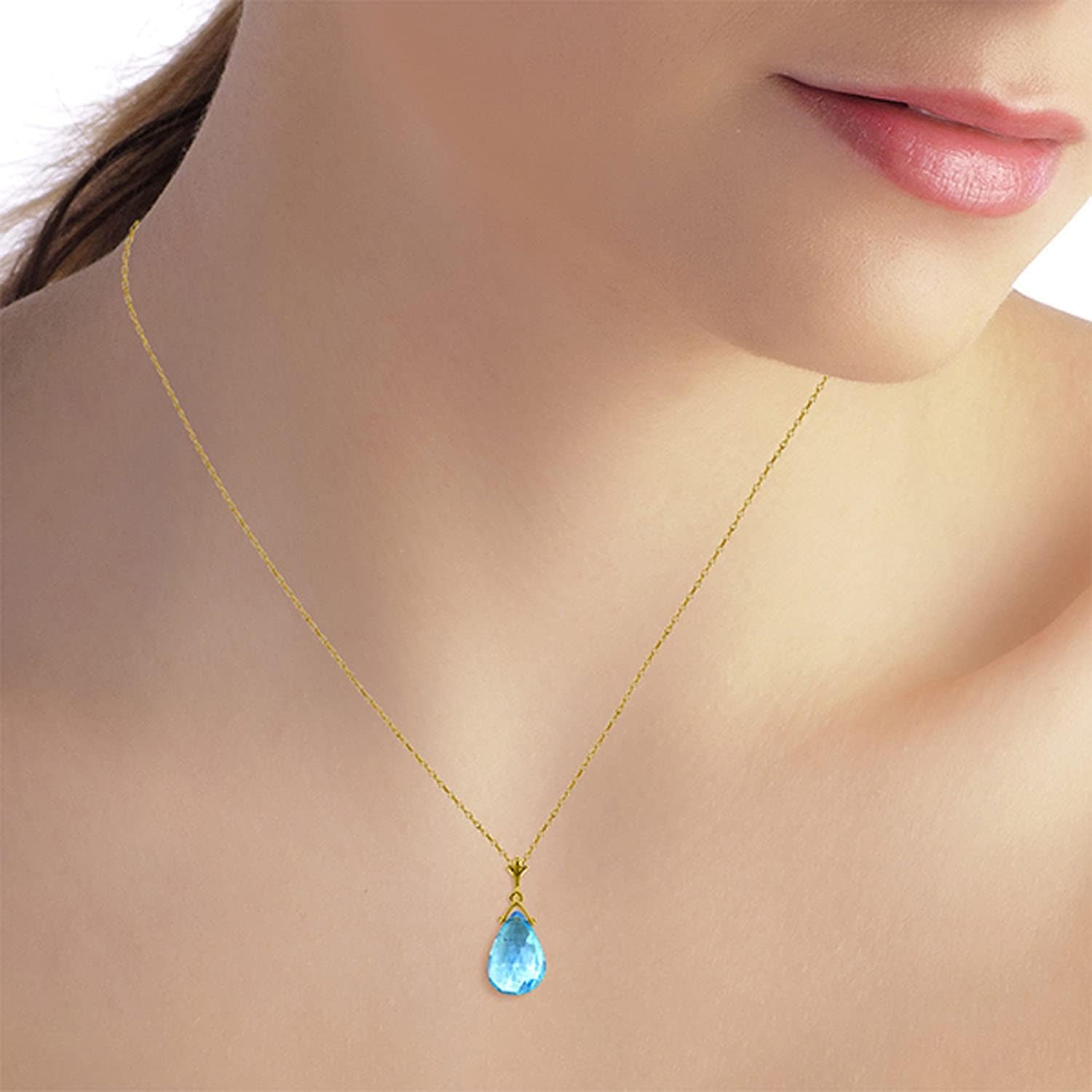 Natural Blue Topaz Drop Pendant Necklace, 5.10 Carat Ctw, 9K Solid Gold, 15 X 10 Mm Pear Shape Flat Briolette Cut