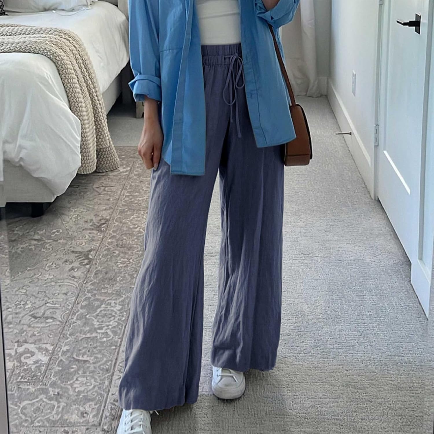 Womens Cotton Linen Palazzo Pants Drawstring Elastic Waist Casual Wide Leg Trousers with Pockets