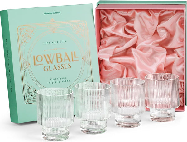 Vintage Art Deco Ribbed Lowball Cocktail Glasses | Set of 4 | 12 Oz Crystal Double Old Fashioned Tumblers for Drinking Classic Whiskey, Gin, Vodka Bar Drinks | round Glassware