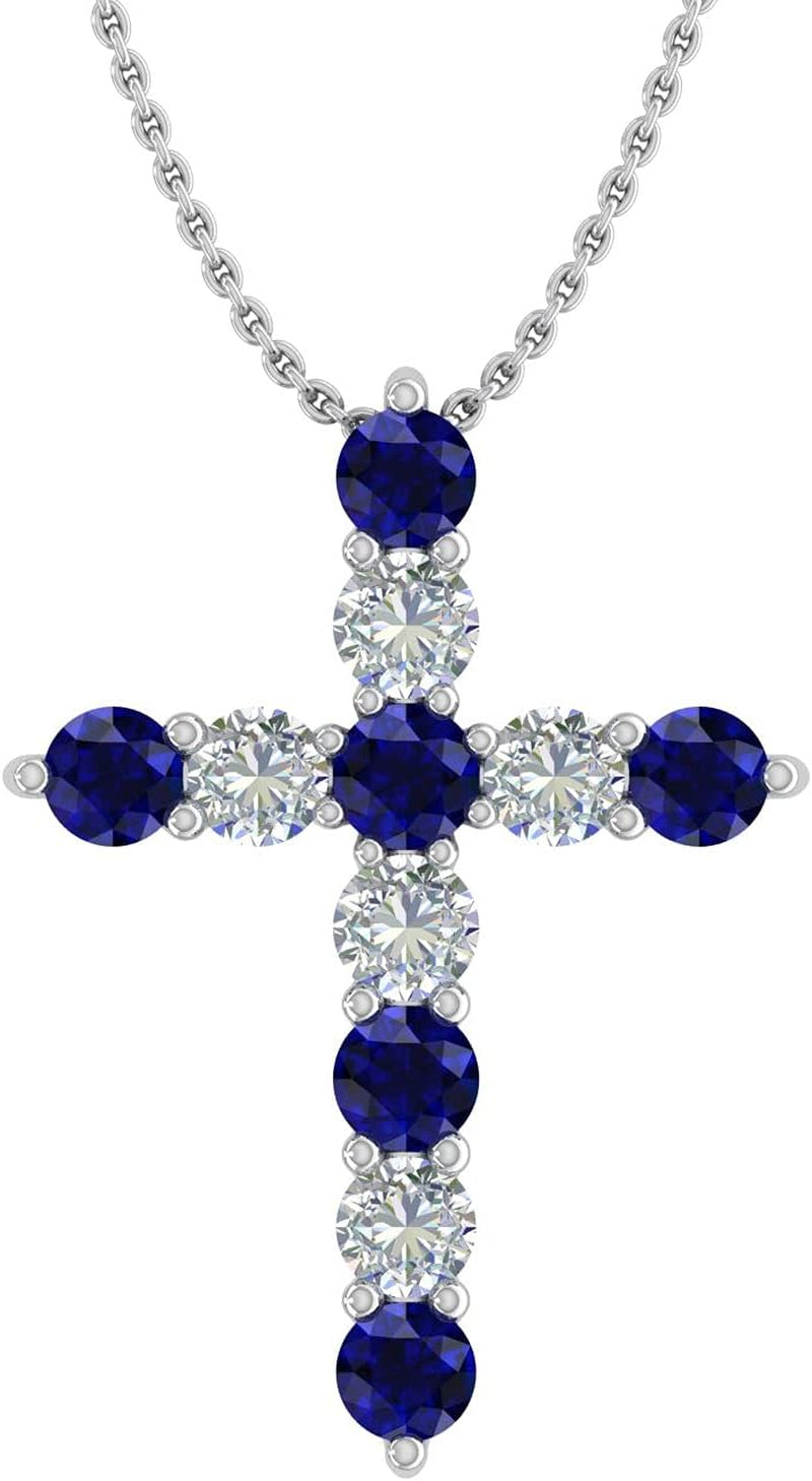 2 Carat Blue Sapphire & White Diamond Cross Pendant Necklace in 14K Gold (Silver Chain Included)