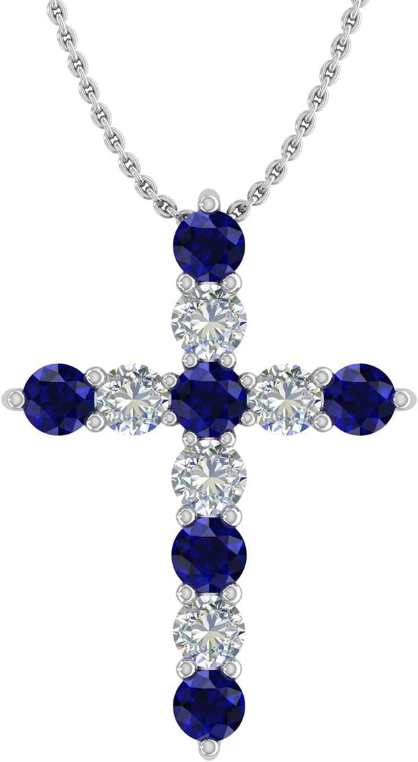 2 Carat Blue Sapphire & White Diamond Cross Pendant Necklace in 14K Gold (Silver Chain Included)