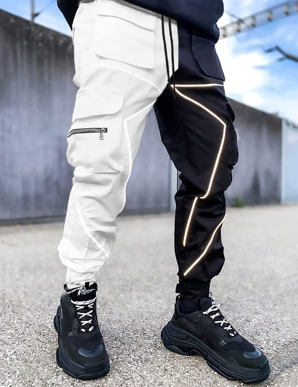 Mens Cargo Pants Hip Hop Techwear Harem Pant Jogger Sweatpants with Pockets Jogging Punk Black/White XL