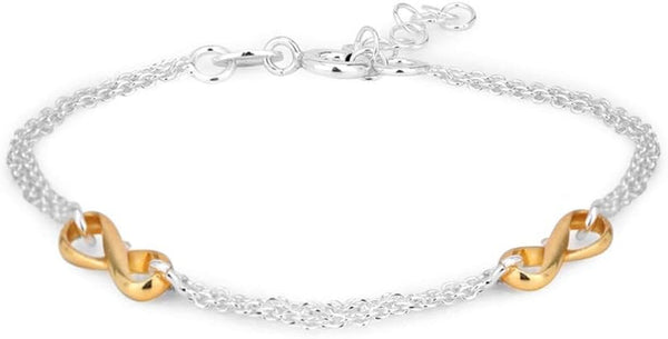 Sterling Silver - Yellow Gold & Silver Plated with 925 Stamp - Double Layered Chain & Infinity Charm Bracelet - Beautifully Handcrafted for Women - 6.5" Long + 1" Extender