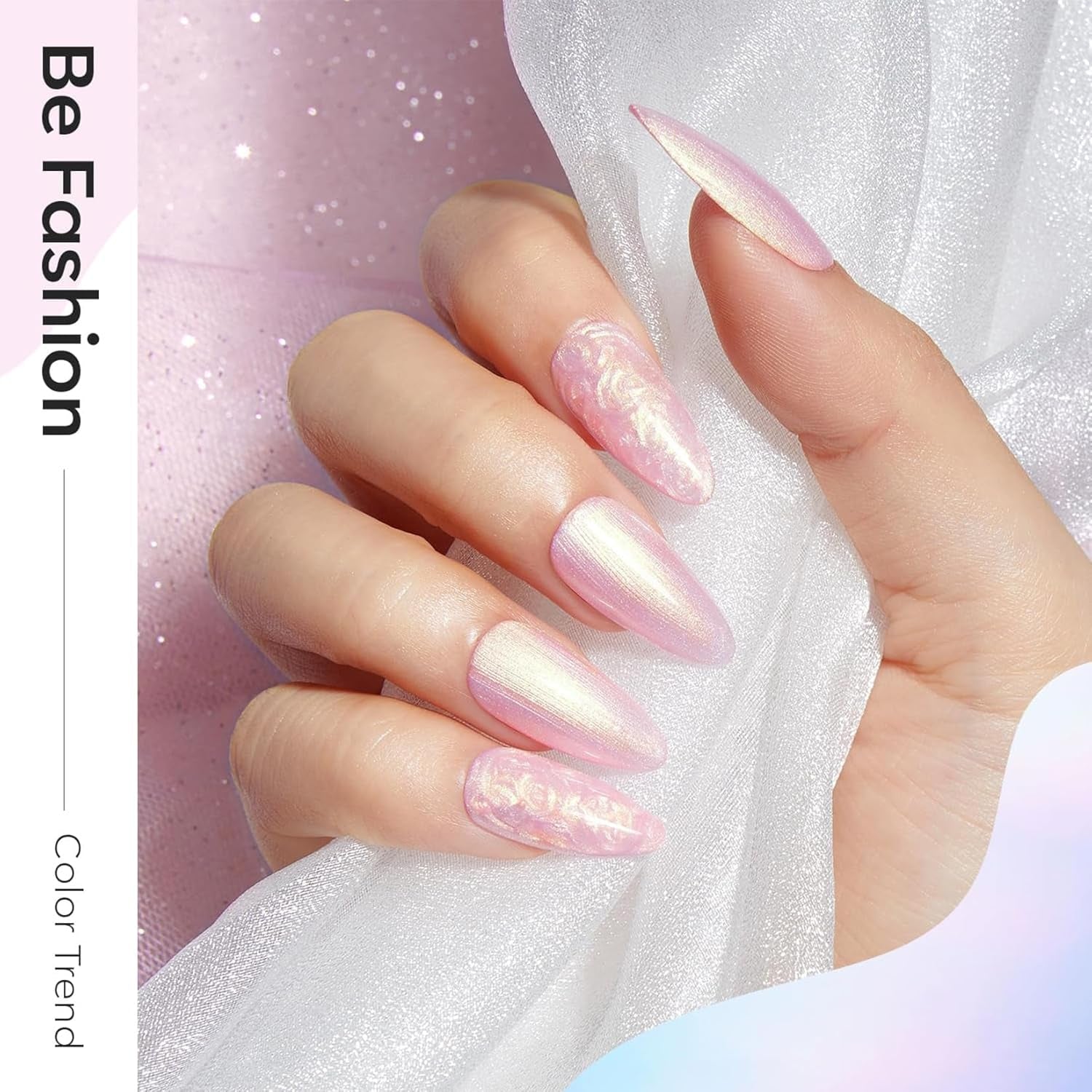 Pearl Gel Nail Polish Set, 6 Colors Aurora Iridescent Shimmer White Pink Purple Mermaid Nail Drawing Gel Polish Soak off Led Glitter Nail Polish Swirl Shell Thread Effect DIY Gift