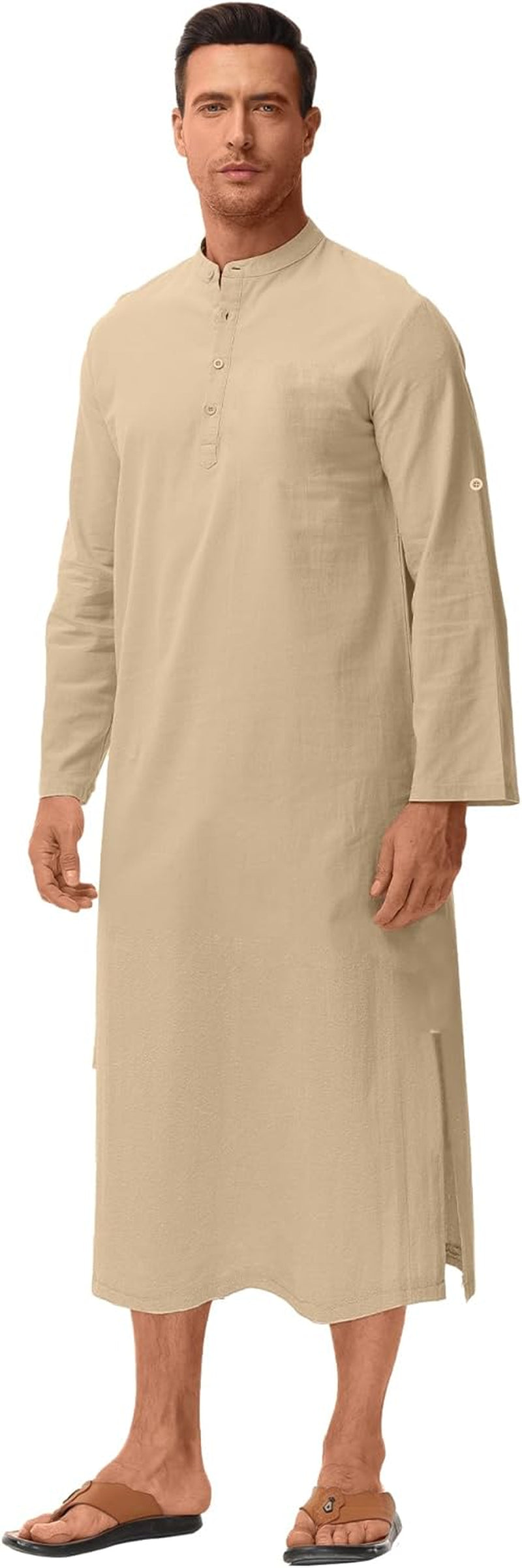 Kaftan for Men Long Sleeve Caftan Thobe Side Split Muslim Robe Button down Long Gown Tunic Shirts