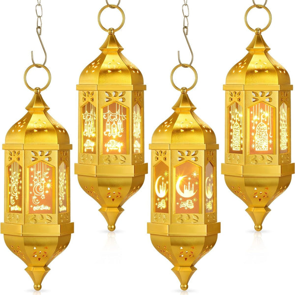 4 Pcs Ramadan Lantern Hanging Hexagon Decorations Ramadan Mubarak Lantern LED Eid Mubarak Lights Kids Gifts for Home Muslim Islam Festival Porch Decor(Electroplated Gold)