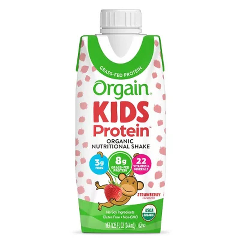 Orgain Kids 8G Grass-Fed Protein Organic Nutritional Shake, Strawberry 8.25 Fl. Oz., 12 Pk.