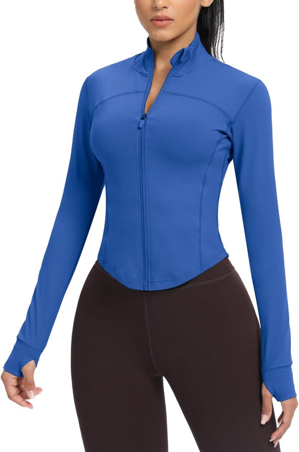 Women'S Cropped Running Workout Jackets Zip Slim Fit Athletic Tops with Thumb Holes
