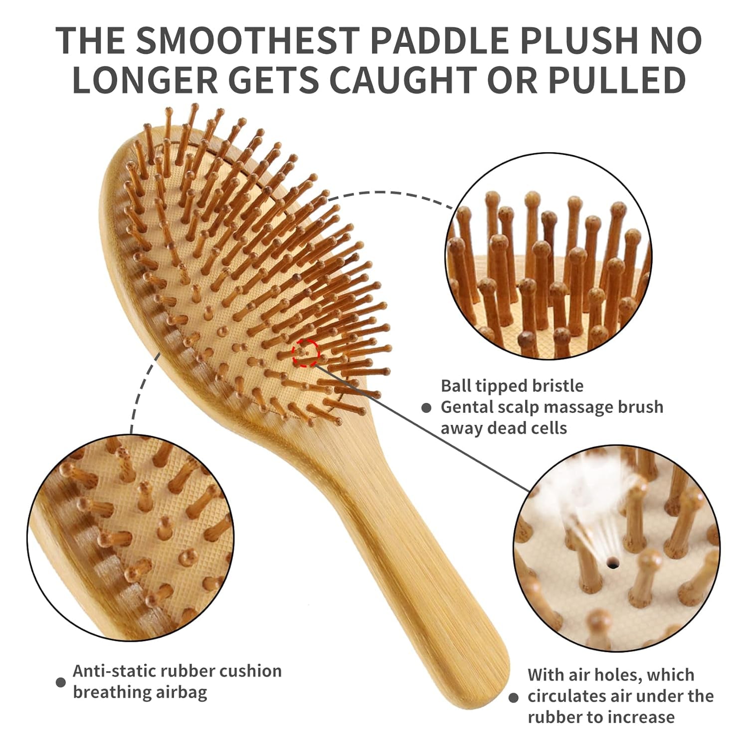 4 PCS Bamboo Hair Brush Set with Natural Wooden Wide-Tooth and Tail Comb Big and Mini Paddle Detangling Hairbrush for Women Men Kids and Baby Thick Thin Curly Straight Dry