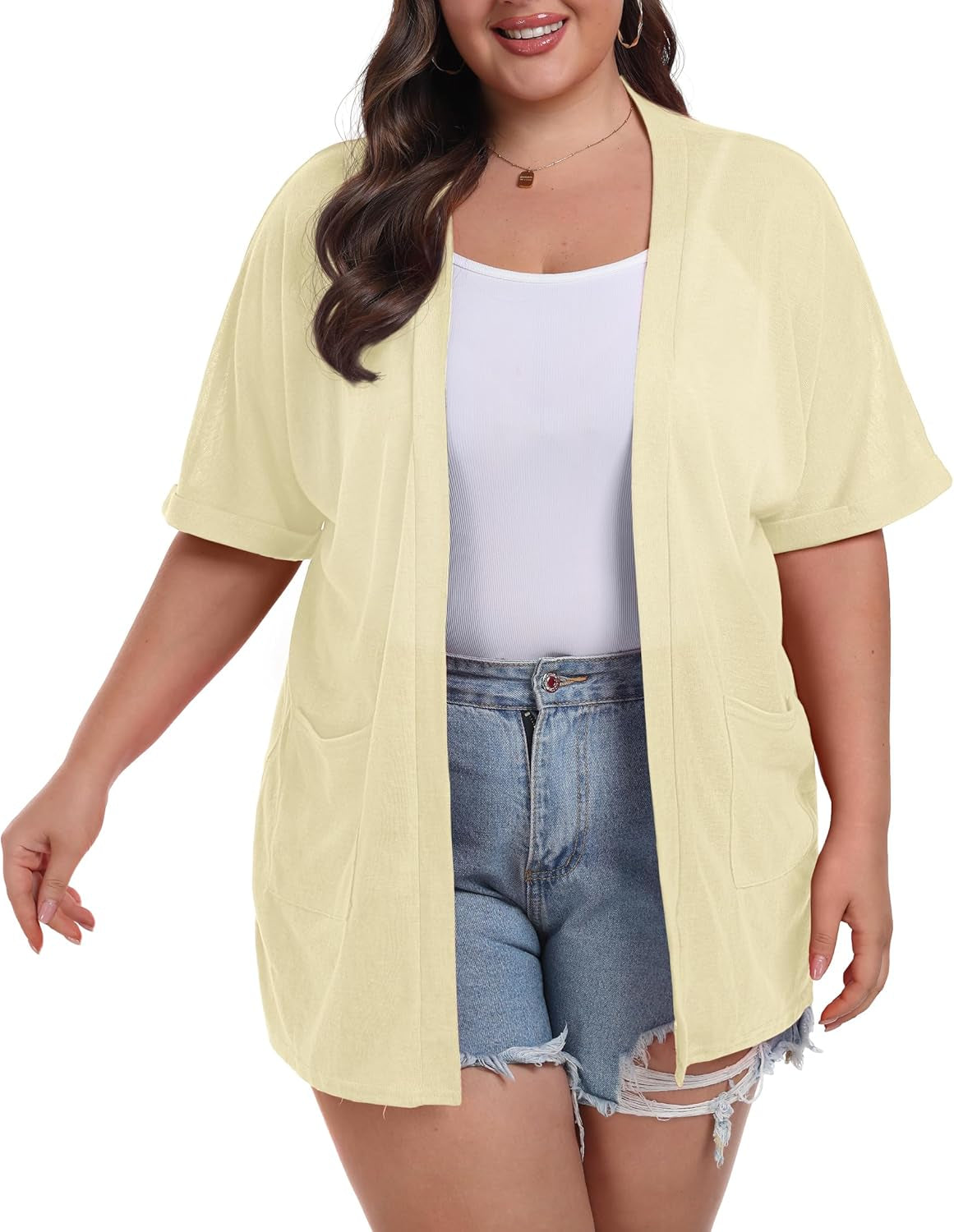 plus Size Lightweight Cardigan for Women Summer Sheer Short Sleeve Cardigan with Pockets Beach Cover Up