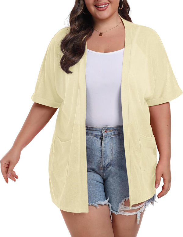 plus Size Lightweight Cardigan for Women Summer Sheer Short Sleeve Cardigan with Pockets Beach Cover Up