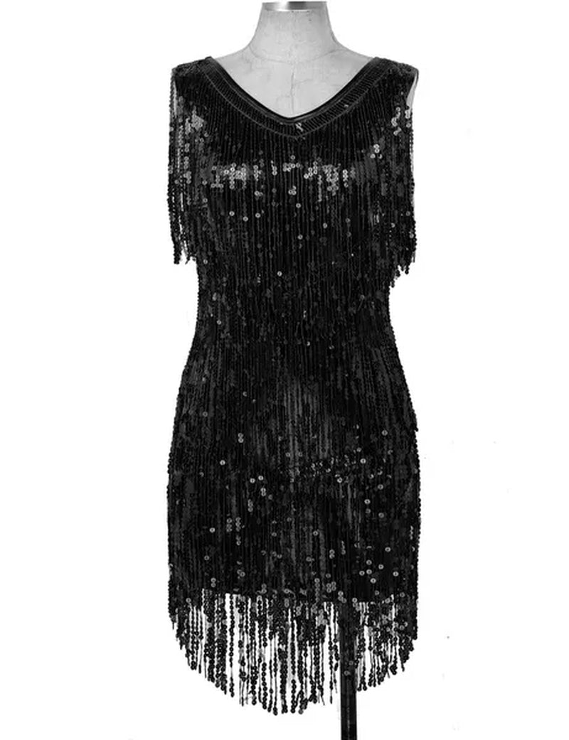 Women's Gowns V Neck Sparkling Sequin Tassels Rhythm Ballroom Salsa Samba Rumba Tango Latin Dance Dress