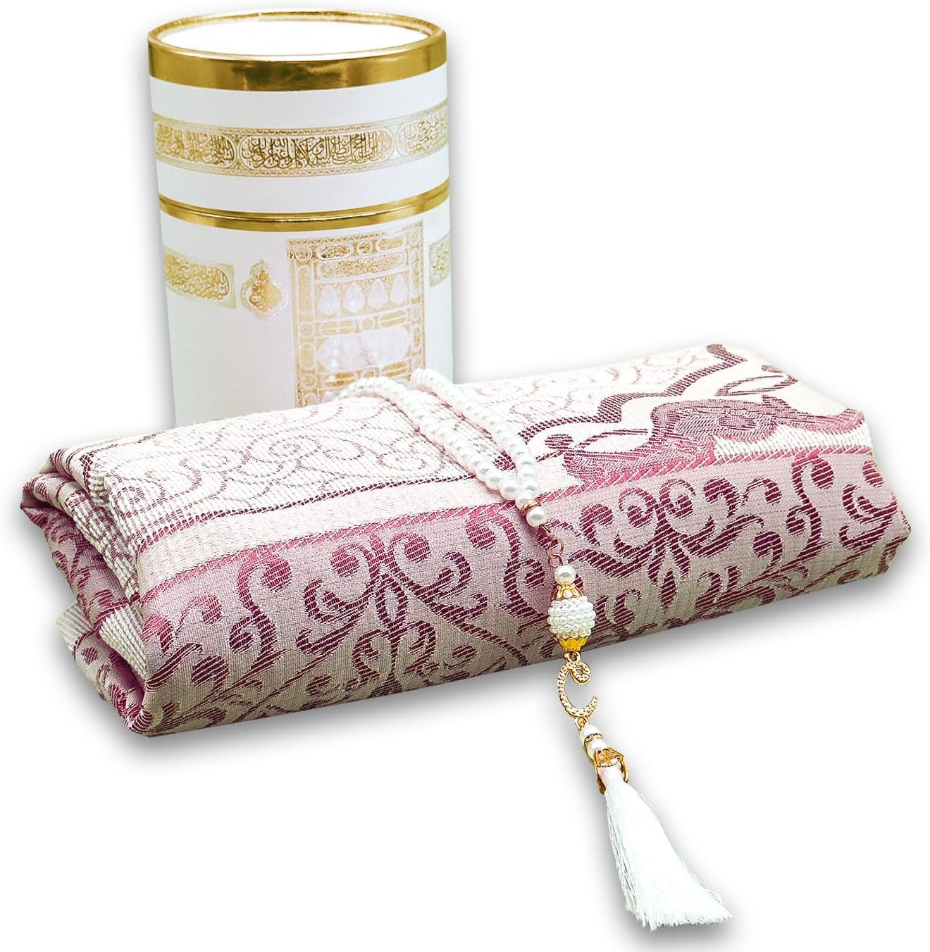 Muslim Prayer Rug Islam and Beads, Kaabe Design Box Eid Ramadan Gifts Islamic Set Carnal Salah Mat Taffeta Fabric Black Soft Prayer Mats Men and Women (Pink)