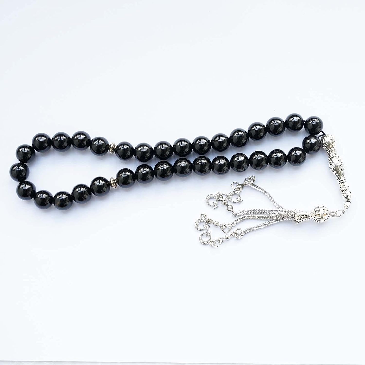 10Mm Tasbih Prayer Beads Natural Black Agate Stone Islamic Misbaha Prayer Rosary Beads Muslim Islam Misbaha Bracelet Moon Tasbeeh Sibha 33 Prayer Beads Hand Bracelets